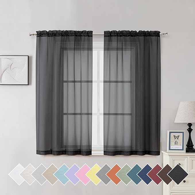 Aiyufeng Black Sheer Curtains for Windows 54 inch Long 2 Panel Set, Rod Pocket Soft Voile Sheer Classic Window Treatment with Light Through for Bedroom/Living Room, 40W x 54L, 2-Pack