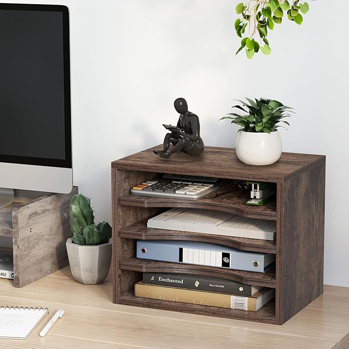 Snughome Vintage Wood File Organizer Desktop, 13.4’’ Document Letter Mail Tray Sorter with 3 Adjustable Shelves, Wooden Desktop Paper File Sorter Holder for School Home Office Supplies