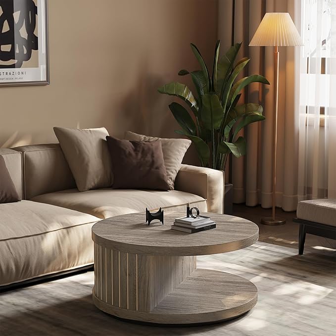 31-Inch Round Wood Coffee Table with Shelf for Living Room, 2-Tier Fluted Center Tea Tables with Wooden Circle Tabletop and Open Shelves for Home Apartment Small Spaces, Wash Gray