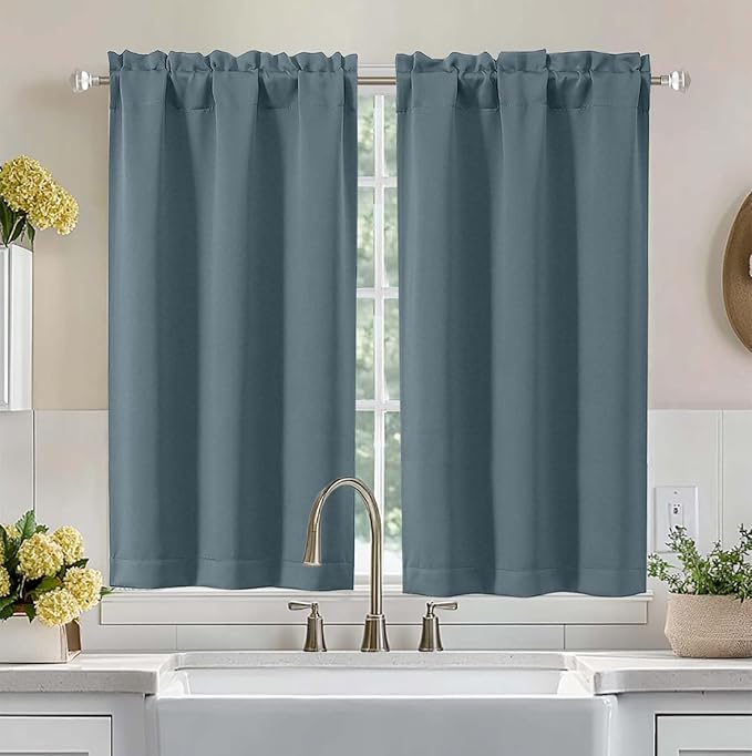 Aiyufeng Stone Blue Short Blackout Curtains for Bedroom 45 Inches Long 2 Panels Set, Solid Thermal Insulated, Energy Saving Window Treatment Curtains Blackout Drapes, W40 x L45 Inch, Stone Blue