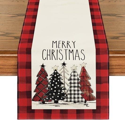 Artoid Mode Watercolor Red and Black Buffalo Plaid Christmas Trees Merry Xmas Table Runner, Seasonal Winter Holiday Kitchen Dining Table Decoration for Indoor Outdoor Home Party Decor 13 x 60 Inch
