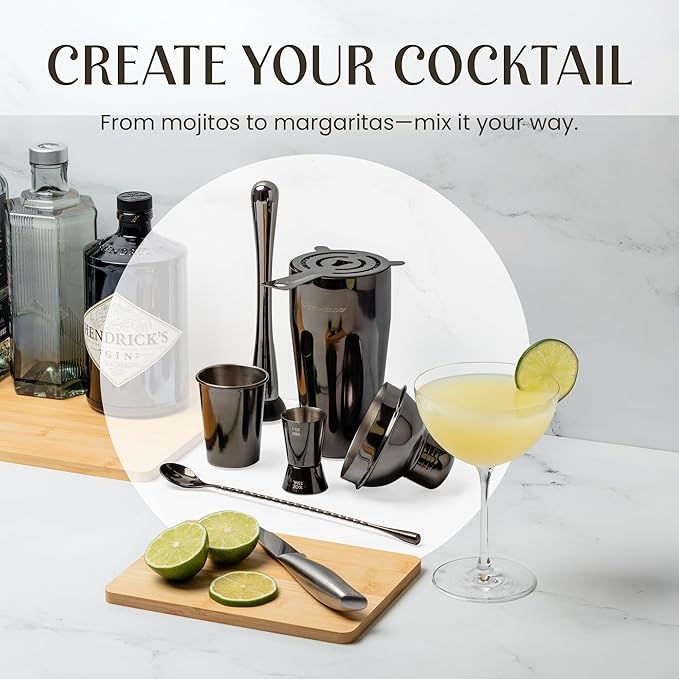 Modern Mixology 21-Piece Cocktail Shaker Set with Stand, Bartender Kit for Home Bar Accessories: 24oz Martini Shaker, Jigger, Strainer, Bar Spoon, Tongs, Opener, Muddler (Black, Brown Stand)