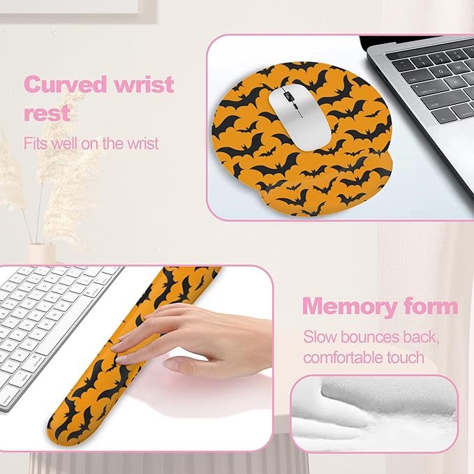 Halloween Bat Ergonomic Wrist Support Keyboard Mouse Wrist Rest Set, Computer Office Comfortable Wrist Rest for Mouse Easy Typing