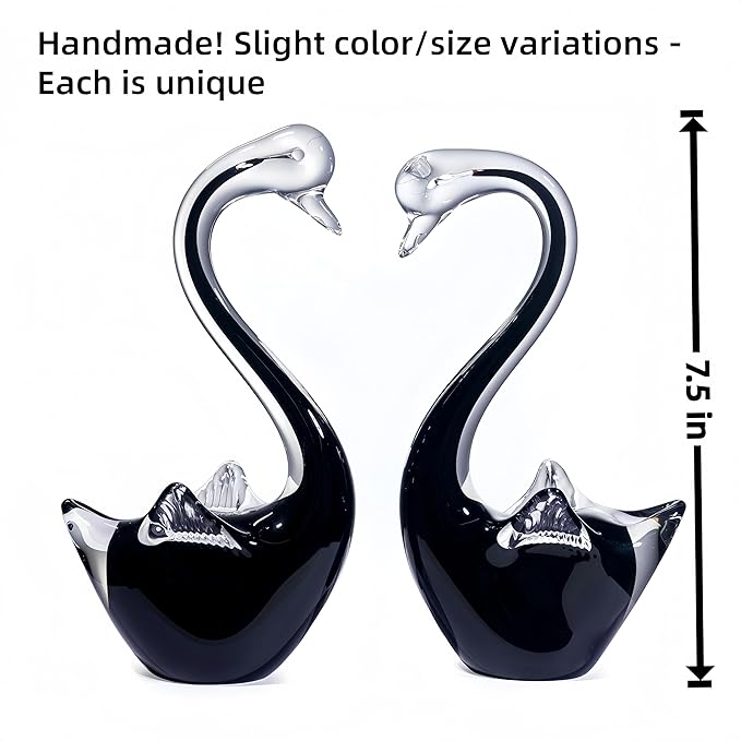 Black Swan Glass Figurines Set - 7.5" L x 3.9" H Weatherproof Hand Blown Glass Art, Indoor/Outdoor Decor, Pair of 2 - Perfect Garden Art, Home Shelf Display & Gift for All Occasions