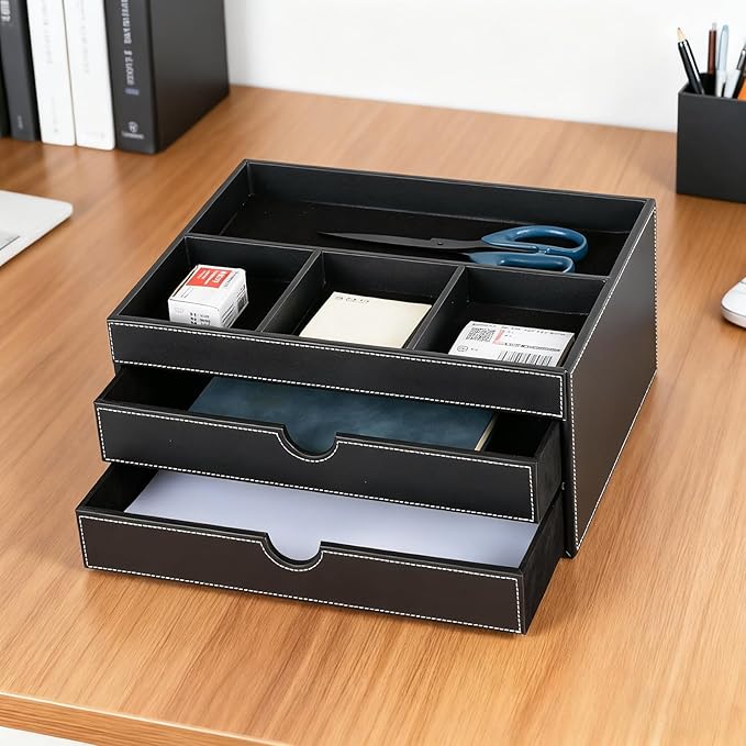 Household Multifunctional Desktop Storage Cabinet, Office file Cabinet Made of Leather, Drawers and Four Separate Organizers, Storage Box on the Bedside Table in the Room (black)