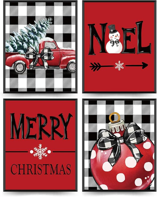ETVISO Christmas Decor, Christmas Red Wall Art Prints Set of 4, Retro Vintage Xmas Poster, Winter Holidays Gift Print Decor for Gallery Living Room Bathroom, 8x10 (Unframed)