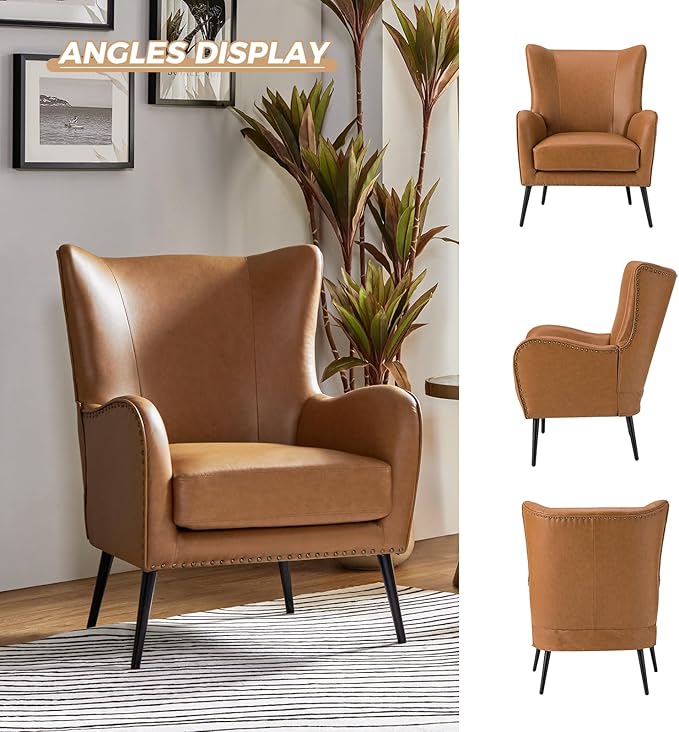HULALA Home Faux Leather Accent Chair Set of 2 w/Removable Cushion, Comfy Upholstered Armchair with Metal Legs & Nailhead Trim Wingback Vanity Chair Desk Chair for Reading Living Room Bedroom, Camel