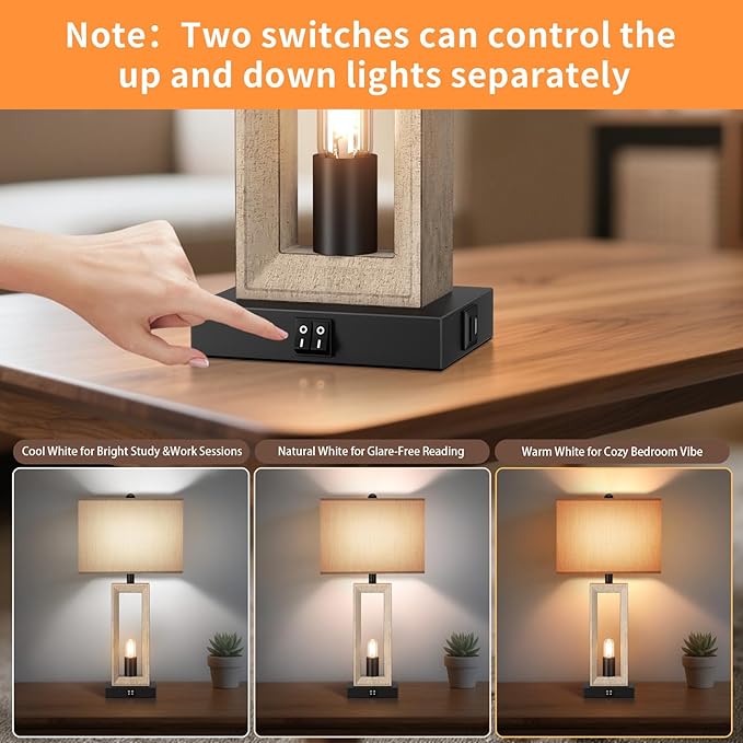 Table Lamps for Living Room,Modern Farmhouse Decor Lamps with USB A+C Port & Nightlight,25" Rustic 3-Way Dimmable Bedside Lamps,Oat Shade Touch Nightstand Lamp for Bedroom,2 LED Bulbs
