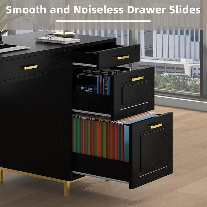 Black Computer Desk with 7 Drawers, 57 Inch Home Office Desk with File Drawers, Wood Modern Desk with Storage for Bedroom, Executive Desk with Golden Legs and Handles, Black and Gold