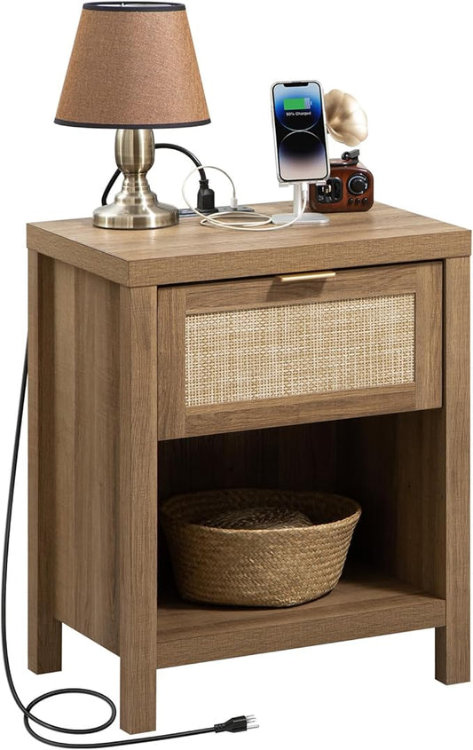 SICOTAS Rattan Nightstand - Farmhouse Night Stand with Drawer and Storage Shelf - Boho Bedside Table - End Side Table for Bedroom,Oak