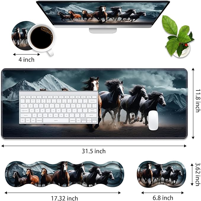 4 in 1 Ergonomic Memory Foam Mouse Pad Wrist Rest Set, Large XXL Gaming Desk Pad + Keyboard Wrist Rest + Mouse Wrist Cushion + Coaster for Home Office Study Gaming, Running Horses