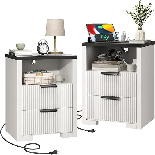 Fluted Nightstand Set of 2 with Charging Station,18" Night Stand with 2 Drawers,End Table with Storage, Bed Side Table for Bedroom,Modern Nightstand for Living Room, White