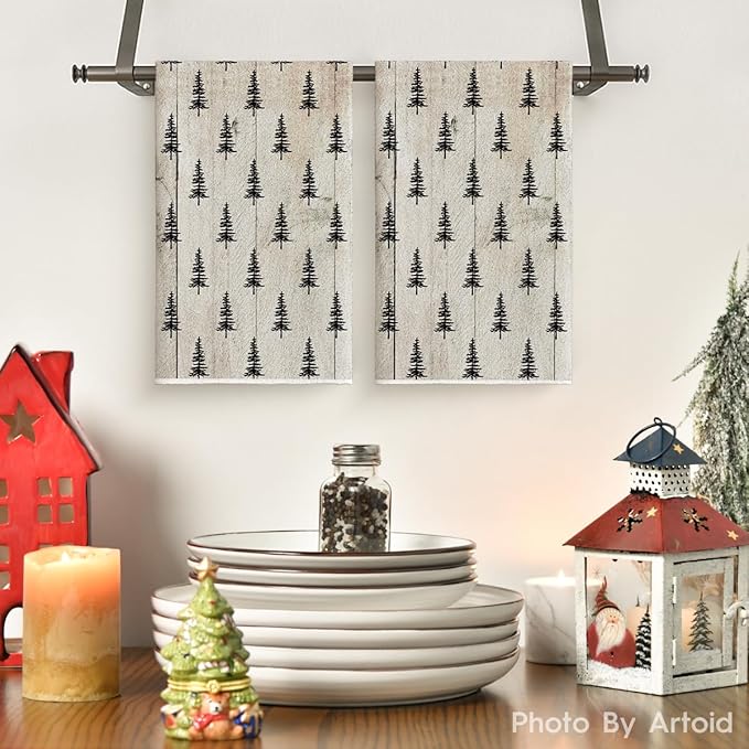 Artoid Mode Wood Xmas Tree Christmas Kitchen Towels Dish Towels, 18x26 Inch Farmhouse Holiday Winter Decoration Cleaning Set of 2
