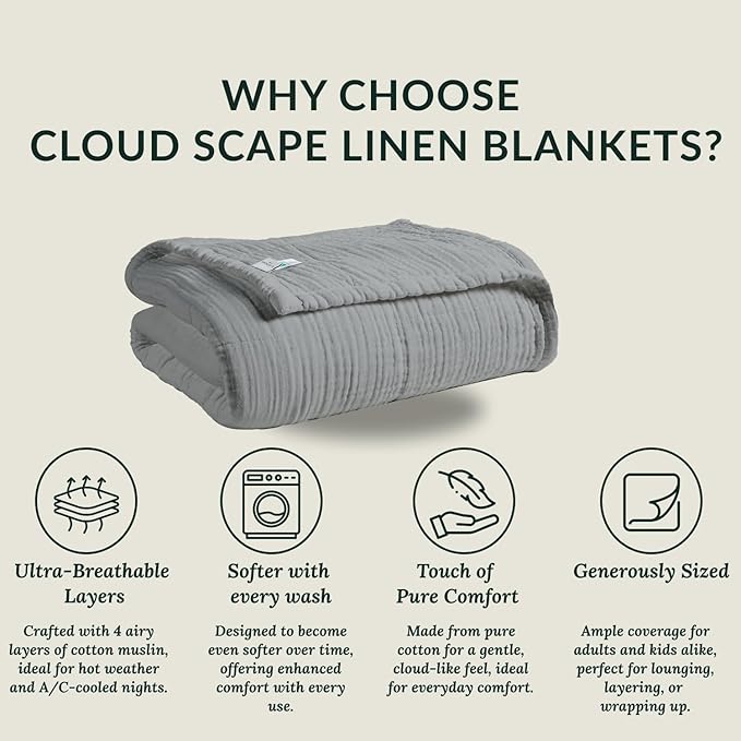 Cloud Scape Linen Extra Large 4 Layer Muslin Throw Blanket - 100% Cotton Gauze, Lightweight & Breathable All Season, Pre-Washed, for Couch & Bed, 50x70, Dark Grey