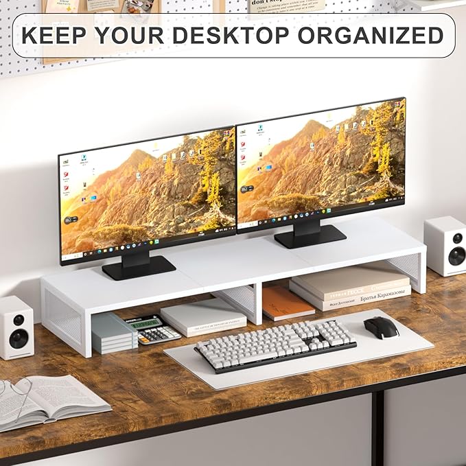 Dual Computer Monitor Stand Riser, Desk Organizers and Accessories, Printer & TV Stand, Desk Shelf, Office Desk Accessories & Desktop Workspace Organizer for Office Supplies, White
