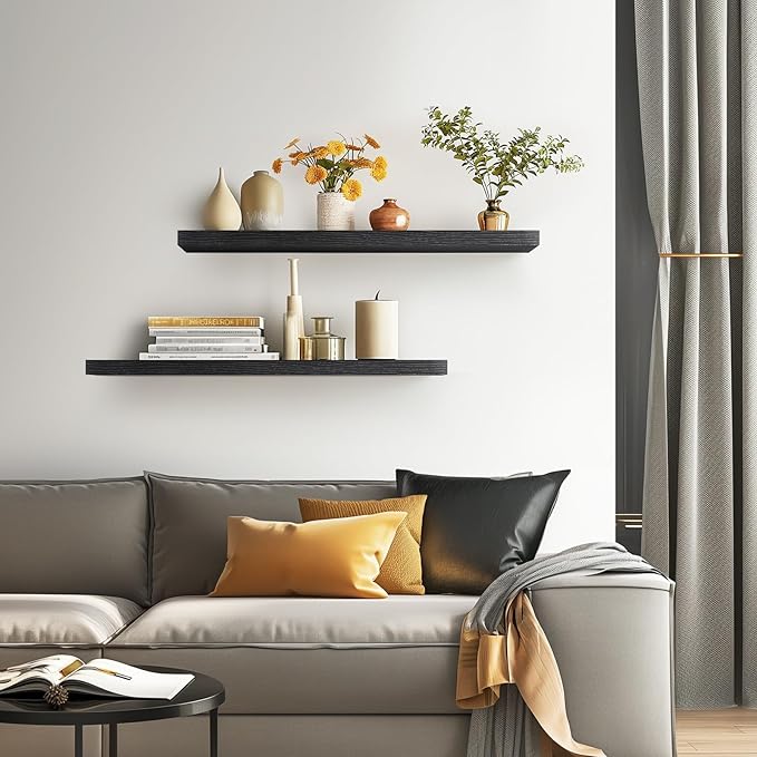 BAYKA Floating Shelves, 36 inch Wall Mounted Rustic Wood Shelves for Bathroom, Bedroom, Living Room, Kitchen, Office, Hanging Shelf for Books/Storage/Decor(Black,Set of 2)