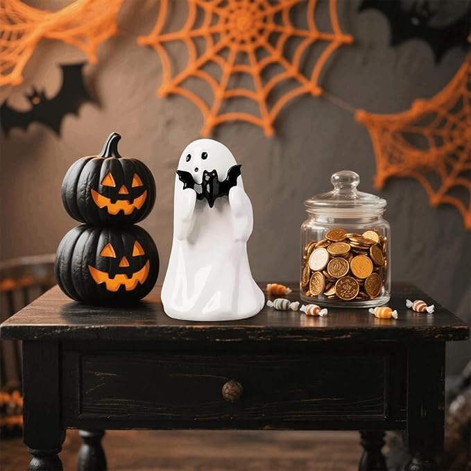 Halloween Ghost Figurine with Black Bat, Funny Ghost Decor, Ghost Statue Halloween Decor, Cute Decorations for Home Table Fireplace,Party Decorations, Small Gifts