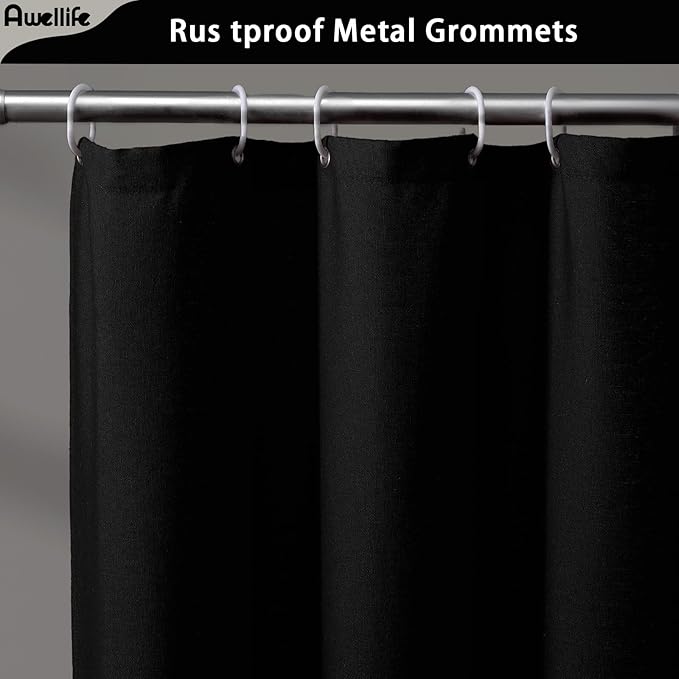 Awellife Farmhouse Black Shower Curtain Button Linen Textured Woven Fabric,Country Style 72" W x 72" L