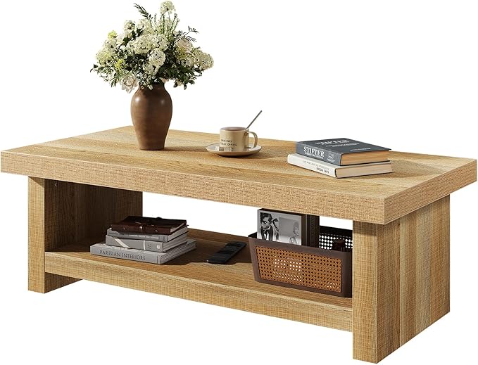 47-Inch Rectangle Coffee Table, Wood Rectangular Center Tables, Farmhouse Low Cocktail Tea Table for Living Room, Thick Base/Easy Assembly, Natural