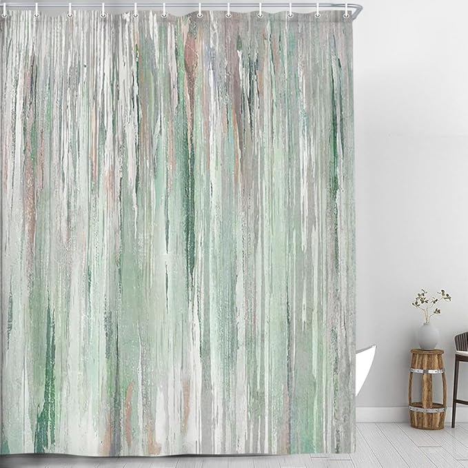 JAWO Abstract Shower Curtain, Modern Aesthetic Stripe Shower Curtain Sets with 12 Hooks for Bathtub Bathroom Gray Green Contemporary Abstract Painting Fabric