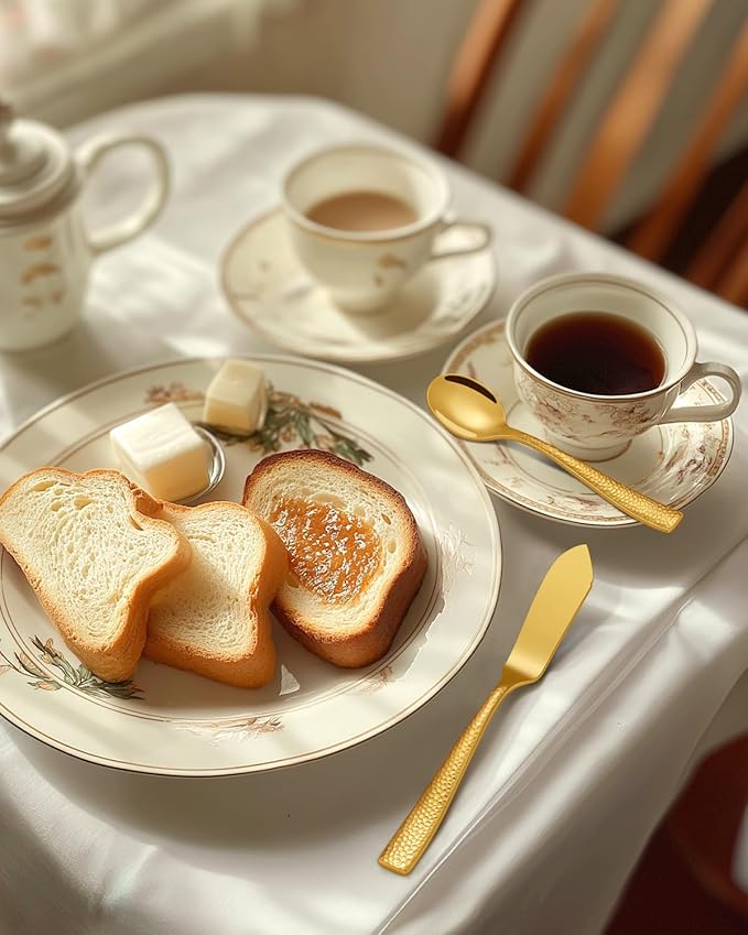 45-Piece Silverware Set with Serving Utensils, Ollex Durable Stainless Steel Gold Hammered Flatware Set for 8 with Knives Forks Spoons Large Serving utensil Set for Home Restaurant, Dishwasher Safe