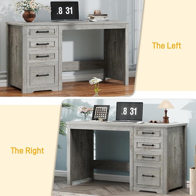 Vabches Farmhouse 49” Executive Desk with File Drawer, 4 Drawers Reversible Computer Desk with Storage, Rustic Home Writing Workstation for Home Office.Grey