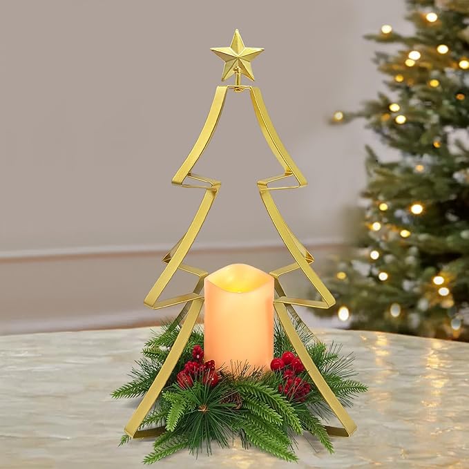 Christmas Table Centerpiece Decorations, Metal Christmas Tree Candle Holder with Battery Operated Candle Light Artificial Red Berries Pinecones Xmas Decor for Home Farmhouse Party