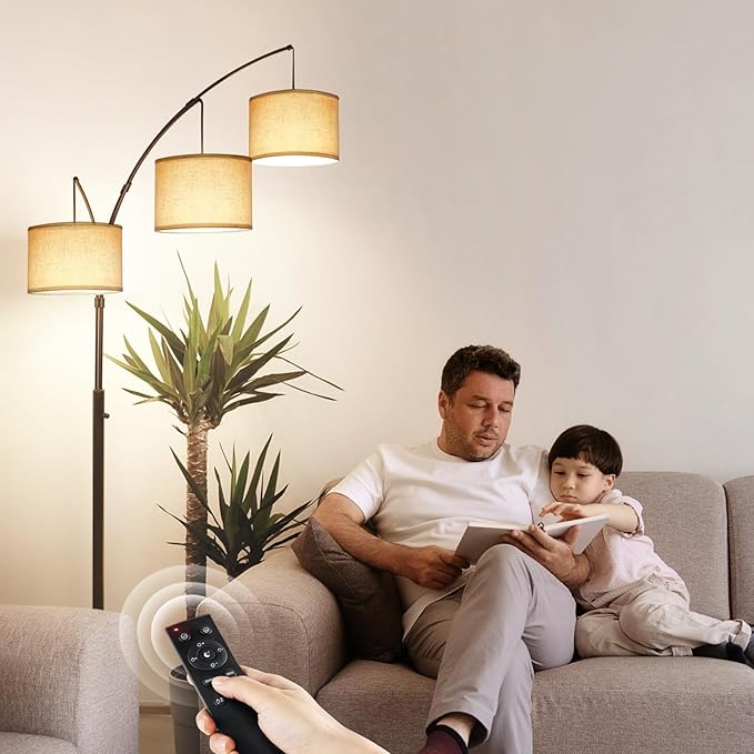 OUTON Floor Lamp with Remote Control, Modern Bright Lamps for Living Room, Adjustable 3-Light Tall Arched Lamp for Bedroom, Office, 2400lm Mid Century Design with Hanging Shade