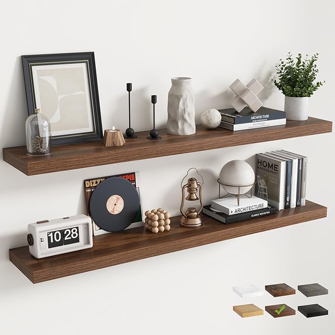 55 Inch Floating Shelves for Wall Set of 2, 8"D Wood Grain Bathroom Shelves with Invisible Brackets, Easy Install Engineered Wood Storage Shelves for Kitchen, Living Room, Bedroom, Walnut Finish