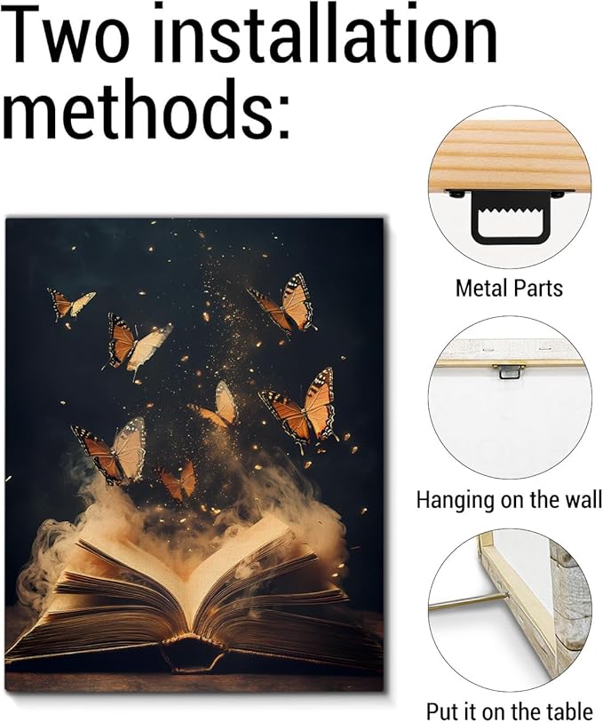 Aesthetic Book Butterflies Wall Art Decor Vintage Dark Academia Canvas Print Poster Framed Picture Painting for Home Reading Corner Library Decor 8x10 Inch, Gifts for Book Lovers Bookworms