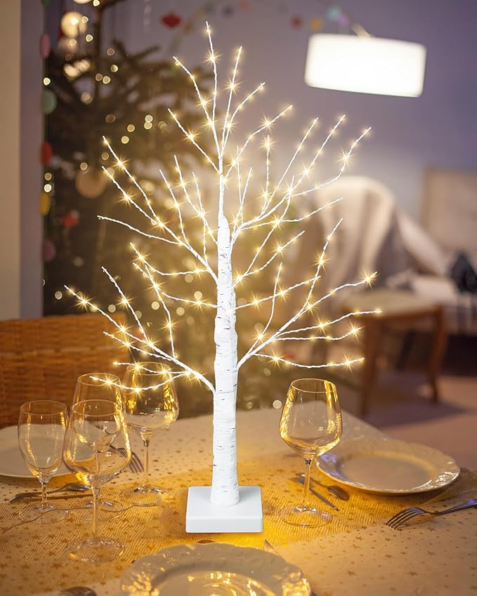 24 Inch Birch Tree with 144 LED Lights, Artificial Lighted Mini White Light Up Tree with Timer for Christmas Indoor Home Mantle Tabletop Centerpiece Decor
