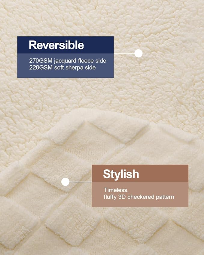 Pawque Super Soft Cozy Throw Blanket King Size for Couch Bed, Fluffy Sherpa Fleece Reversible Thick Warm Fuzzy Blanket for All-Season, 3D Checkered Jacquard Decorative Blankets, Cream White, 108"x90"