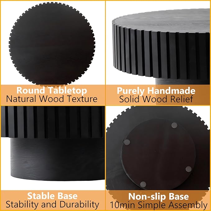 Modern Wood Round Coffee Table - Handcraft Drum Coffee Tables with Sturdy Base, Easy Assembly, Contemporary Style Small Coffee Table Tea Table for Living Room, Bedroom, Office (Black Round)