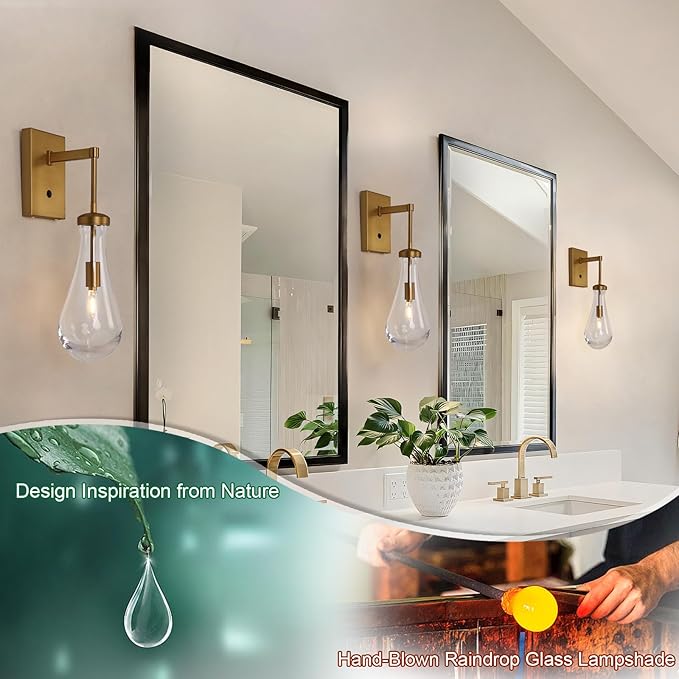 HuisMier Brass Raindrop Wall Sconces, Indoor Wall Sconces with On/Off Switch, Modern Clear Glass Wall Lamp Vanity Light Fixtures for Bathroom Bedroom Living Room Hallway, Hardwired