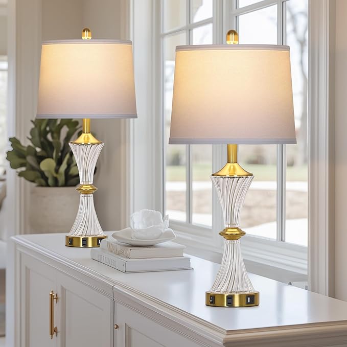 Crystal Glass Table Lamp Set of 2 with USB C+A Ports & AC Outlet, White Lamp, Modern Bedroom Lamps, Gold Lamp for Night Stands Bedroom Living Room,Nightstand Lamp LED Bulbs Included