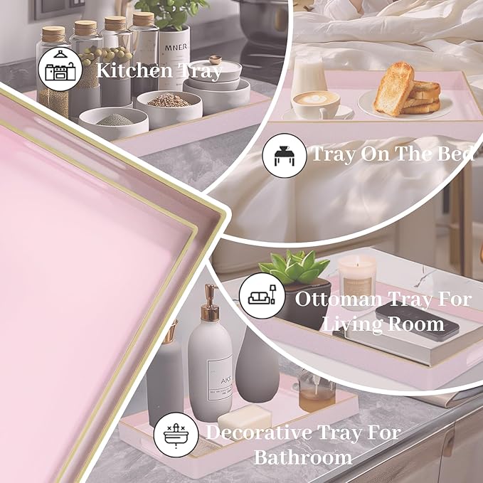 MAONAME Pink Serving Tray Set of 2, Plastic Decorative Trays with Handles, Rectangular Coffee Table Tray for Ottoman, Nesting Trays for Living Room, Bedroom