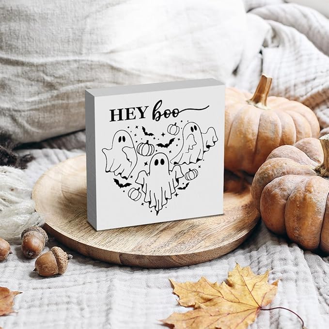 HTBIG Funny Halloween Pooky Ghost Decor Office Wood Box Sign Home Rustic Farmhouse Square Desk Decor Sign for Shelf Room Desk 5 x 5 Inch