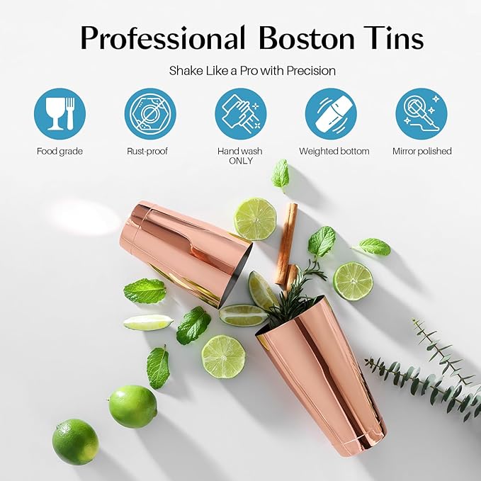 WOTOR Boston Cocktail Shaker Set, 18 oz & 28 oz Stainless Steel Weighted Shaker Tins, Metal Martini Shaker Drink Mixer for Bartending, professional Bar Tools for Bartender （Rosegold）