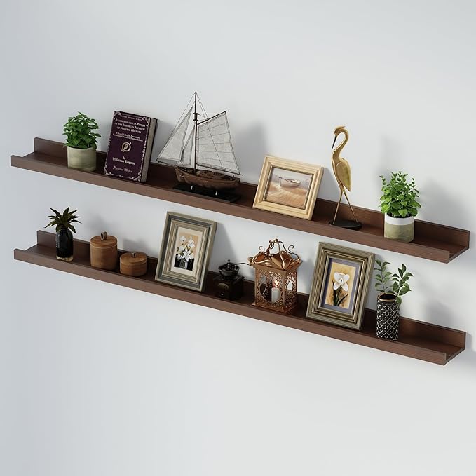 SAUMONIERES Picture Ledge Shelf Floating Book Shelves Set of 2 Wall Mounted Solid Wood for Bedroom Bathroom Living Room Kitchen, 55 Inch Walnut