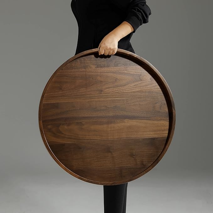 26 x 26 inches Extra Large Round Ottoman Table Tray, Wooden Solid Black Walnut Circle Platter Decorative Serving Tray with Handle for Oversized Ottoman Home Breakfast in Bed Tea Coffee