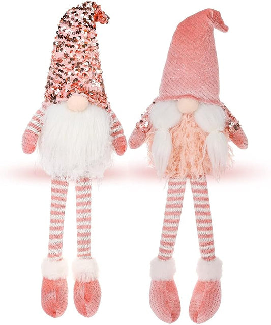 HMASYO Pink Couple Christmas Swedish Gnomes - 2Packs Handmade Swedish Tomte Santa Figurine Plush Elf with Sequin Hat, Long Leg Gnomes Plush Elf Xmas Decor Thanksgiving