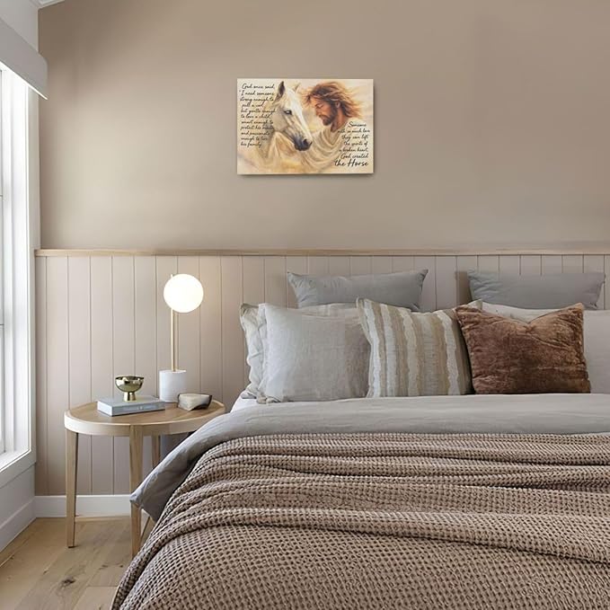 Horse Wall Art Christian Jesus Canvas Wall Decor Scripture Pictures Christ Paintings Prints Religious Bible verse Artwork Framed Decorations For Church Prayer Room Bathroom Bedroom Living Room Gifts 24" x 16"