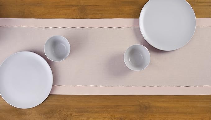 Solino Home Cotton Linen Pink Table Runner 120 Inches Long - Hemstitch 14 x 120 Inch Table Runner for Fall, Autumn, Thanksgiving, Christmas