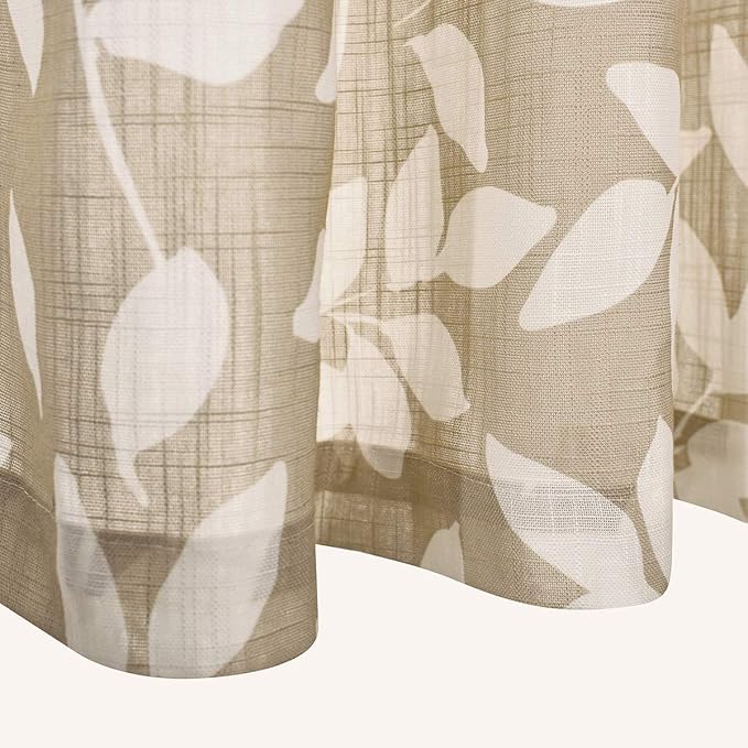 Leaf Semi Sheer Curtains for Living Room 84" Length with White Leaves Print Curtains for Bedroom Windows 52" w, 2 Panels Taupe, Grommet Top