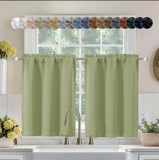 Aiyufeng Sage Green Short 36 Inches Blackout Curtain 2 Panels Set, Half Window Rod Pocket Privacy Curtain Tiers for Kitchen, Curtains Blackout for Bathroom Shades, W40 x L36 Inch, Sage Green