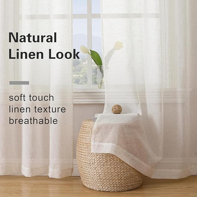 Aiyufeng Sheer Linen Curtains 84 Inches Long 2 Panels Set, Semi Transparent Voile Rod Pocket Linen Sheer Window Drapes for Bedroom Bed Canopy Dining Wedding Party Backdrop, 40W x 84L inch