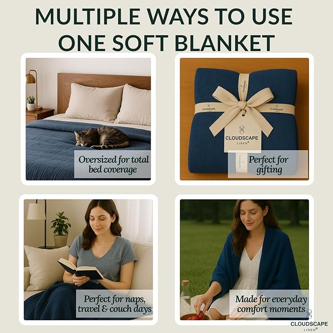 Cloud Scape Linen 100% Cotton 8 Layer Muslin Blanket Twin Size,Lightweight, Breathable Bed Blanket, Suitable for All Season, Cotton Gauze for Couch & Sofa, 68x92, Ensign Blue