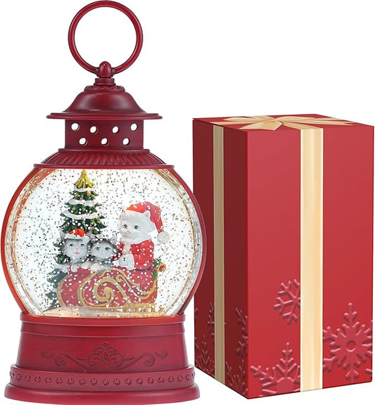 Christmas Santa Snow Globes, Cat Family Musical Snow Globe Light up Swirling Glitter Snow Globe Red Lantern with Timer, Christmas Tree Holiday Party Gifts and Decorations, USB & Battery Operated