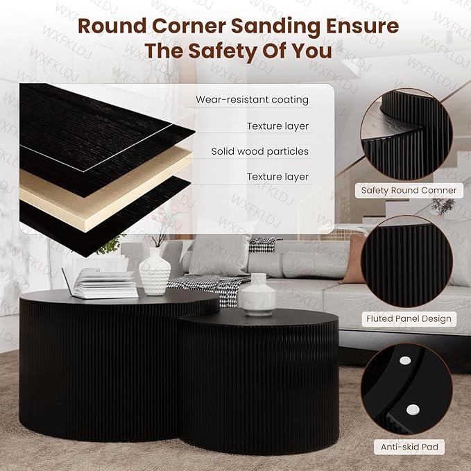 Nesting Coffee Table Set of 2 Modern Round Coffee Table with Non-Slip Feet Wood Drum Circle Accent Tables End Table Set for Living Room Bedroom Office (Black Crescent Set)