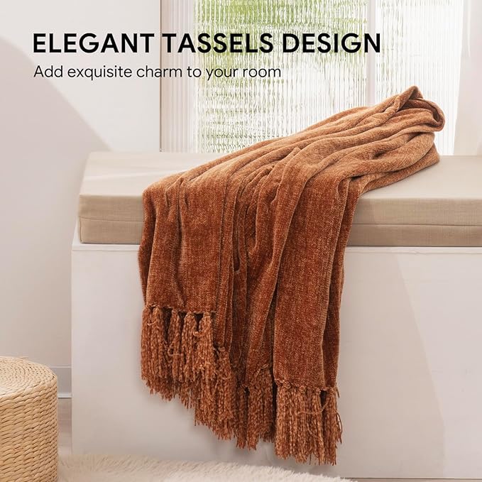 RECYCO Throw Blanket Soft Cozy Chenille Throw Blanket with Fringe Tassel for Couch Sofa Chair Bed Living Room Gift (Rust, 60" x 80")
